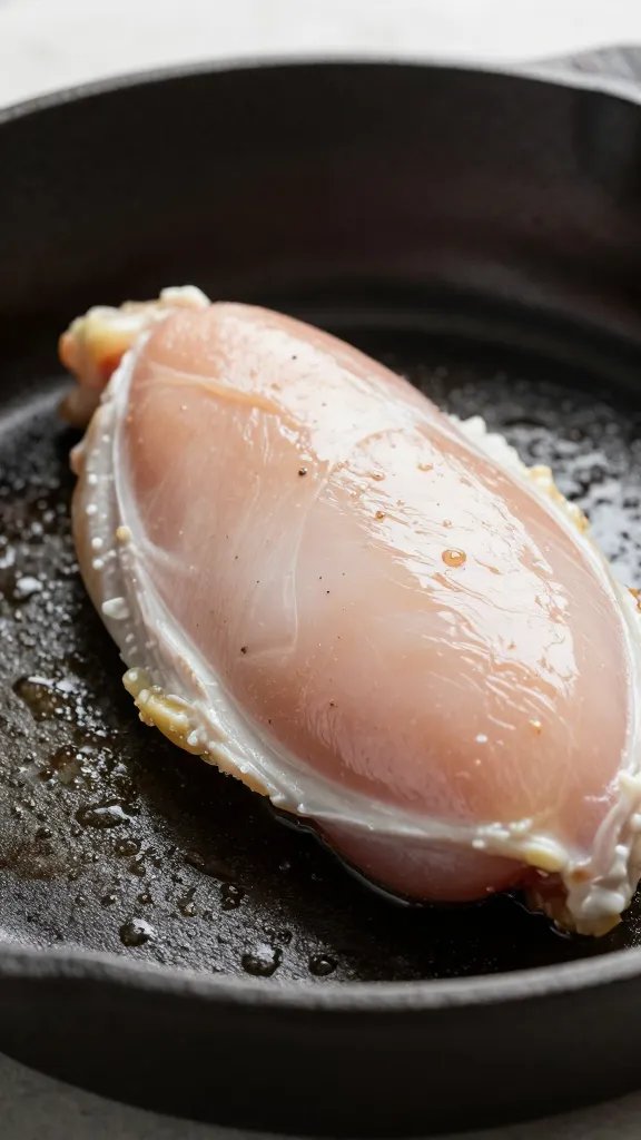 cast-iron skillet searing one chicken breast, high-heat closeup