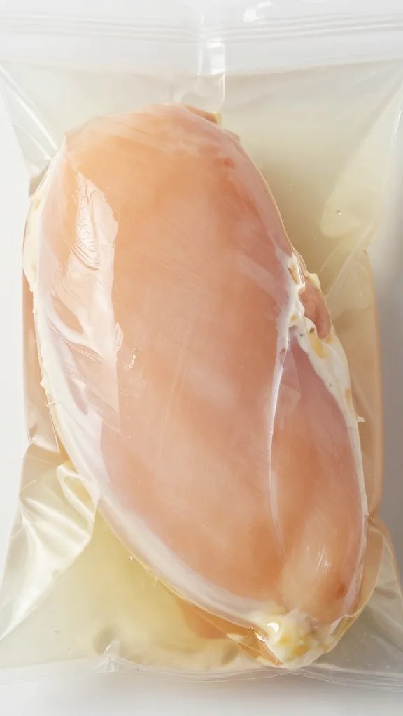 brining bag with single chicken breast and brine, closeup