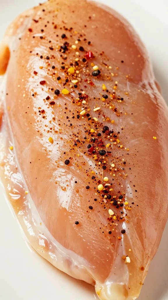 spice rub on one raw chicken breast, extreme closeup