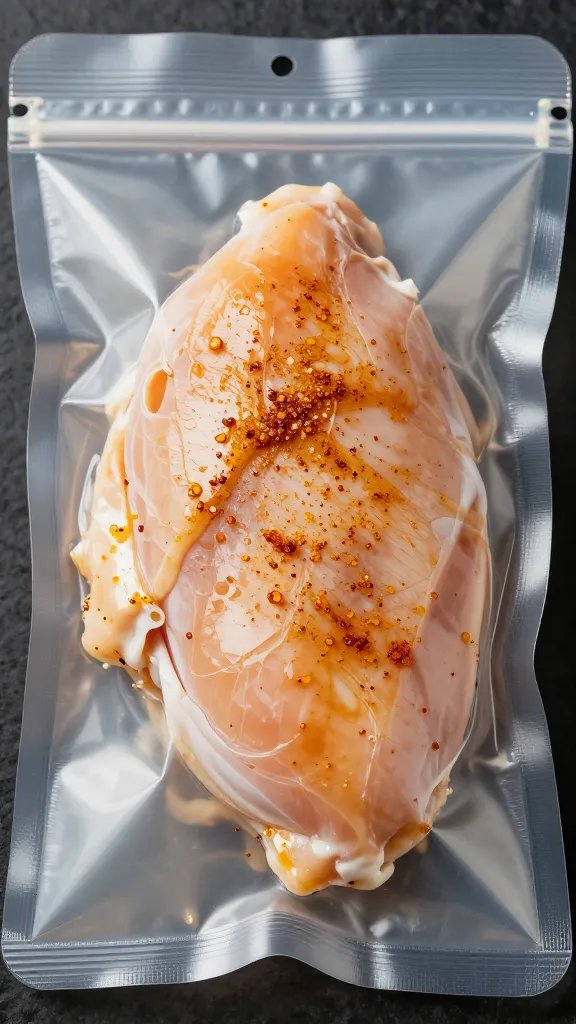 sous vide bag with single seasoned chicken breast, closeup