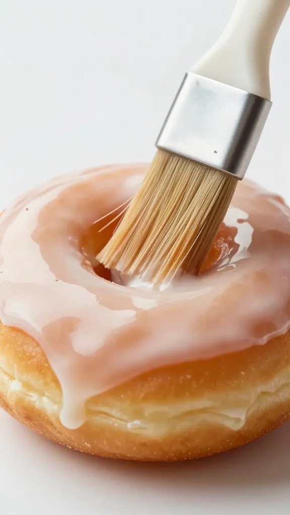 pastry brush glazing a lone doughnut, tight shot