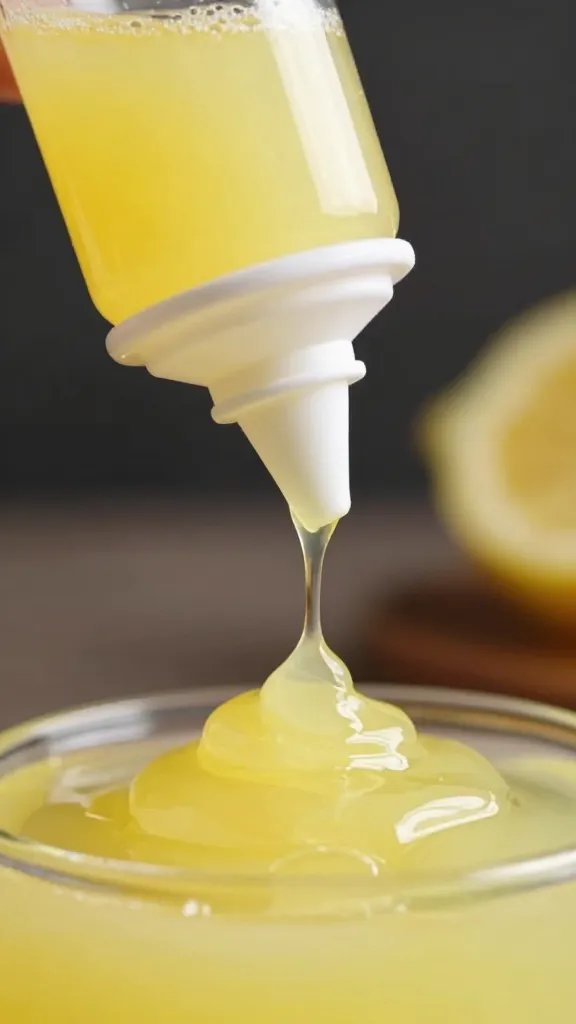 squeeze bottle adding lemon juice drop to glaze, macro