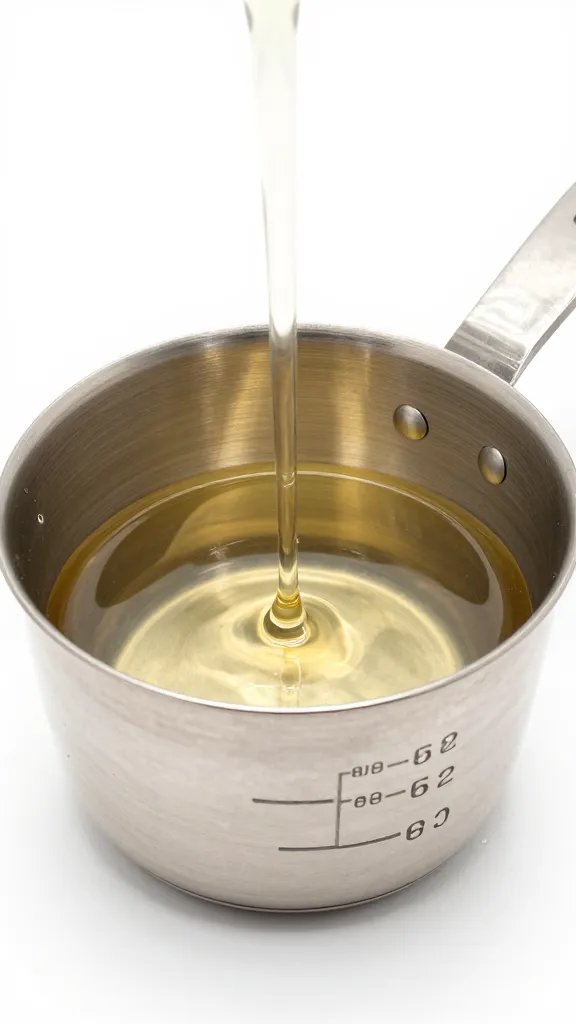 stainless measuring cup of simple syrup, isolated closeup
