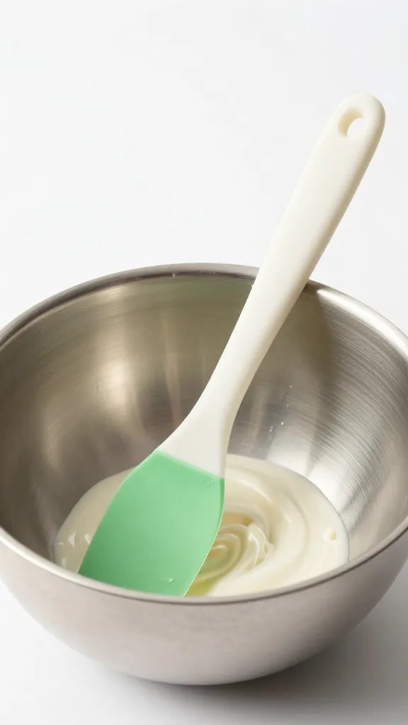 silicone spatula folding glaze in mixing bowl, tight crop