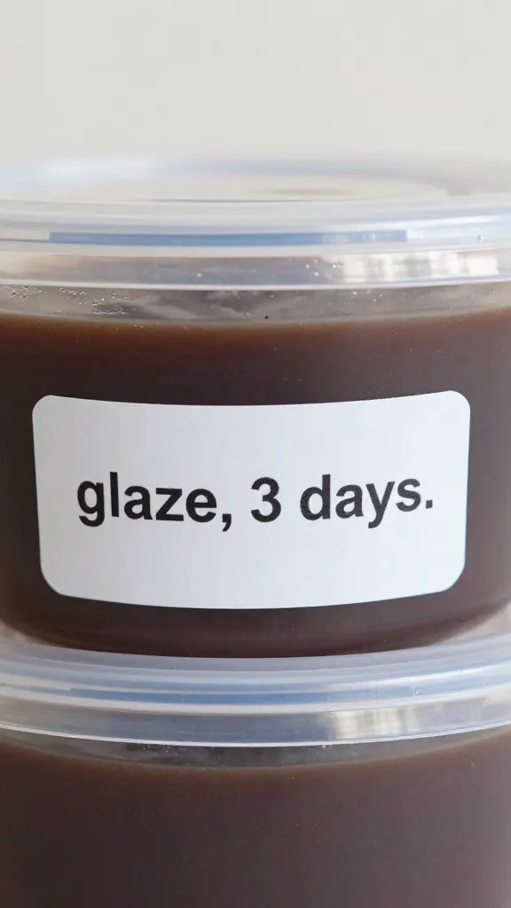 airtight deli container labeled “glaze, 3 days,” closeup