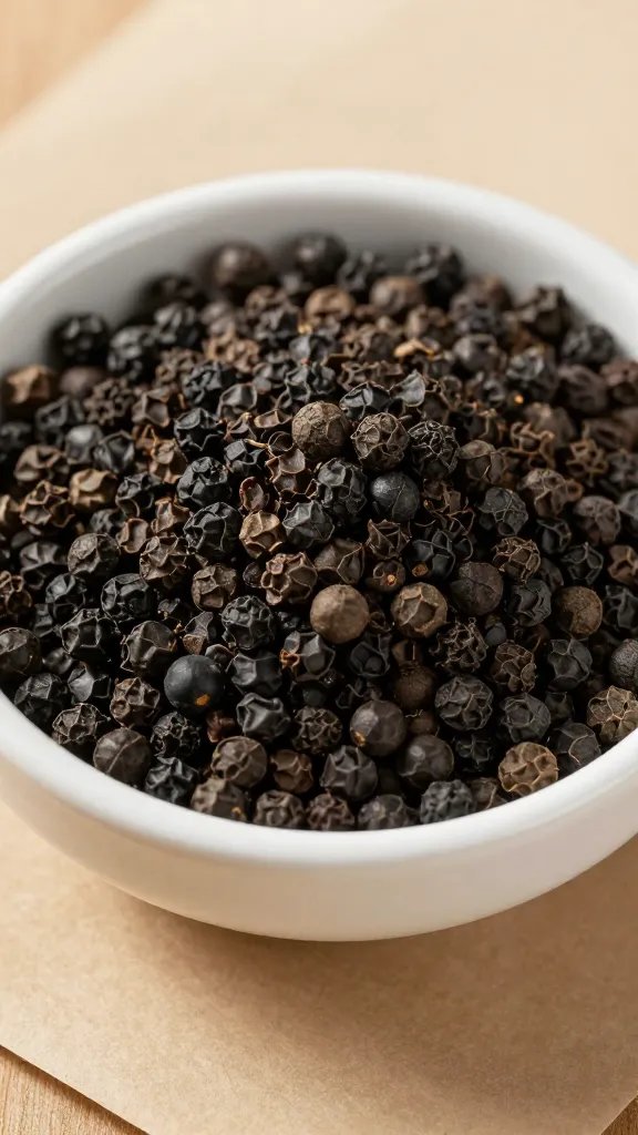 closeup bowl of coarse black pepper on butcher paper
