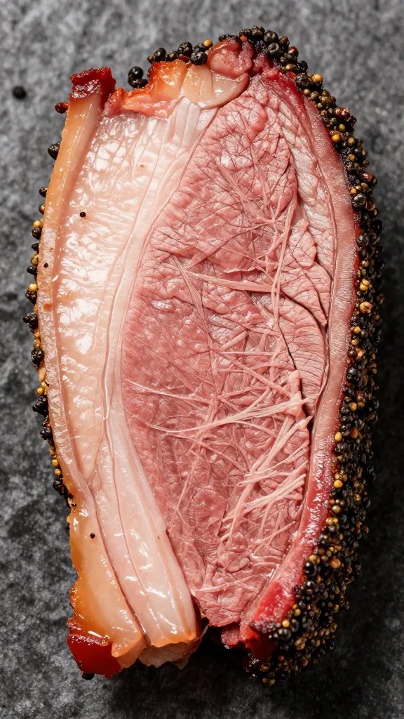 single brisket slice showing peppery bark, macro shot