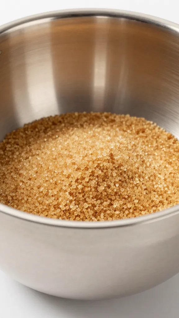 stainless mixing bowl of brown sugar, tight closeup