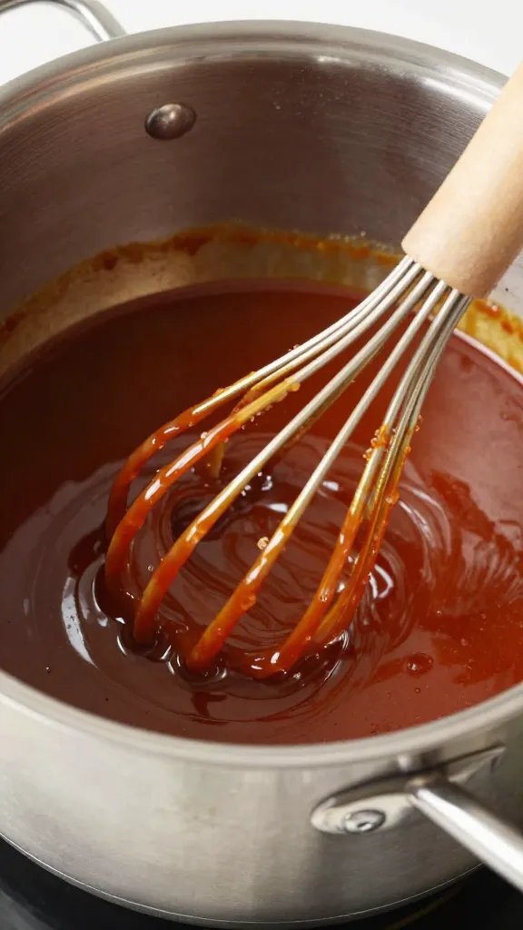 whisk re-emulsifying glossy bbq sauce in stainless pot