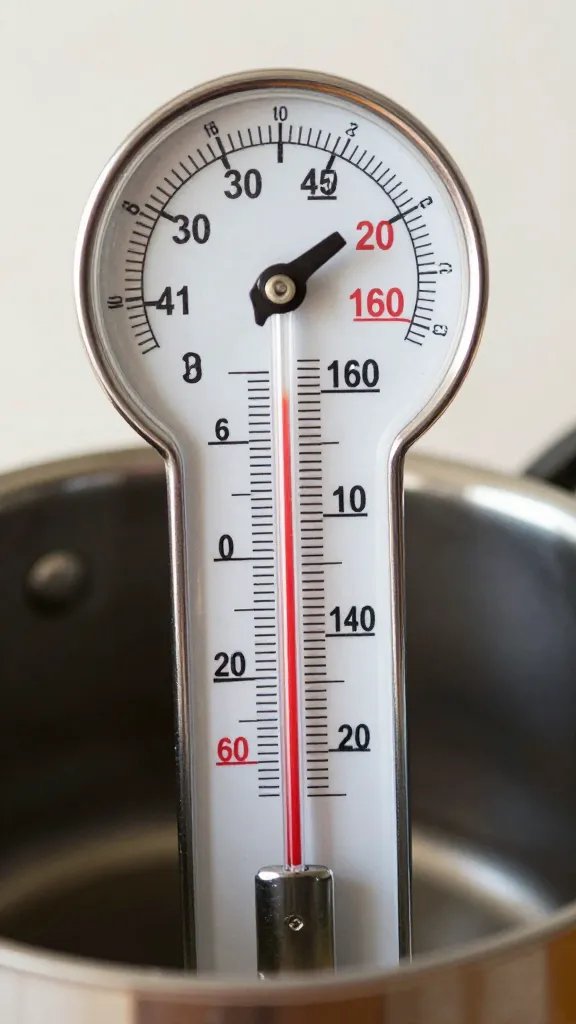 thermometer clipped to sauce pot showing 160°F