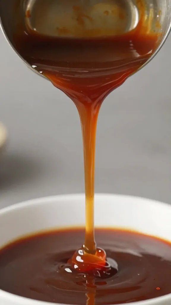 ladle pouring silky bbq sauce ribbon, tight shot