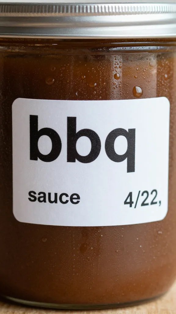 cambro container labeled “bbq sauce 4/22,” condensation closeup