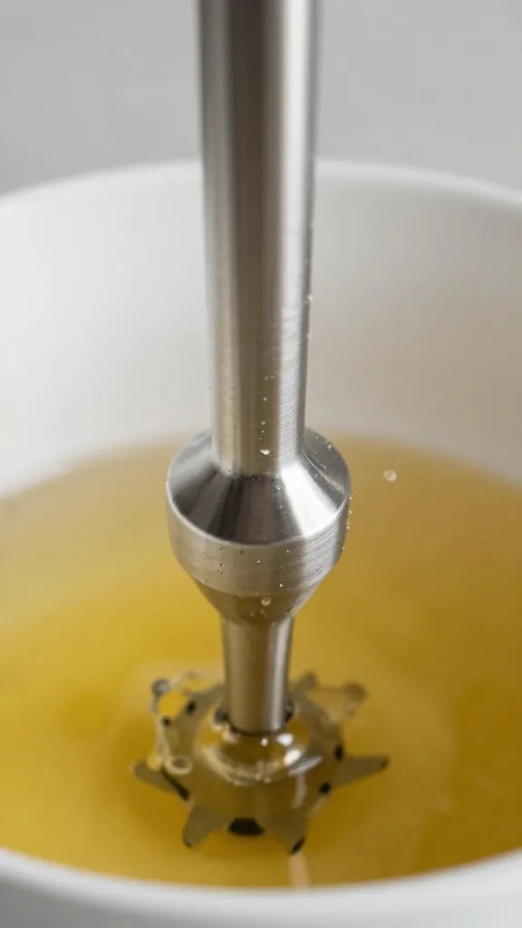 immersion blender tip in sauce, minimal splatter closeup