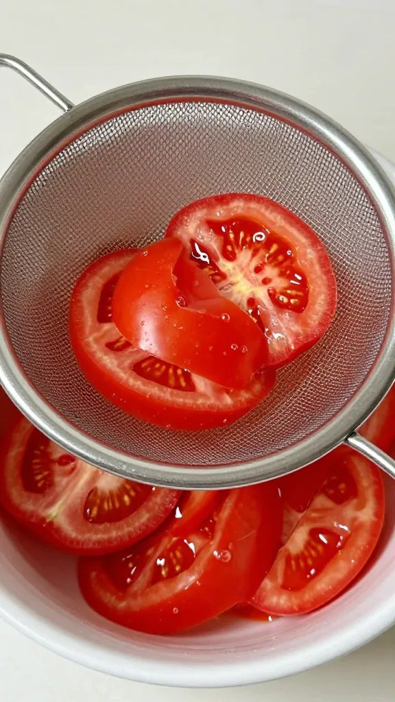 fine-mesh strainer catching tomato skins over bowl