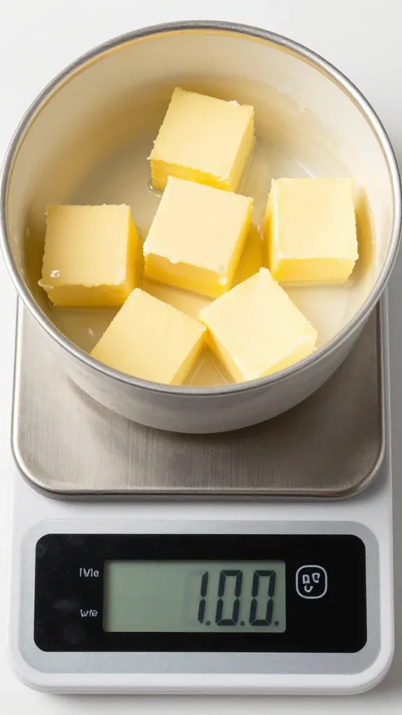 digital scale weighing butter cubes for sauce, top-down closeup