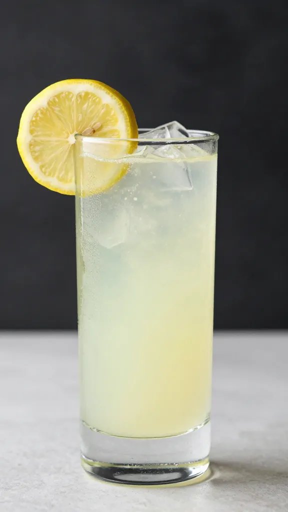 tall glass of lemonade with lemon wheel garnish