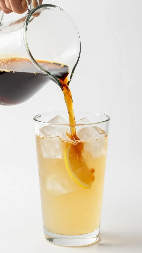 clear pitcher pouring lemonade concentrate into ice