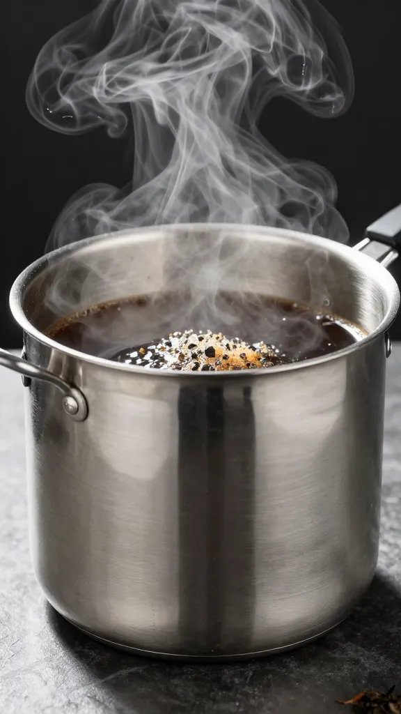 stainless steel stockpot brewing black tea concentrate, steam rising