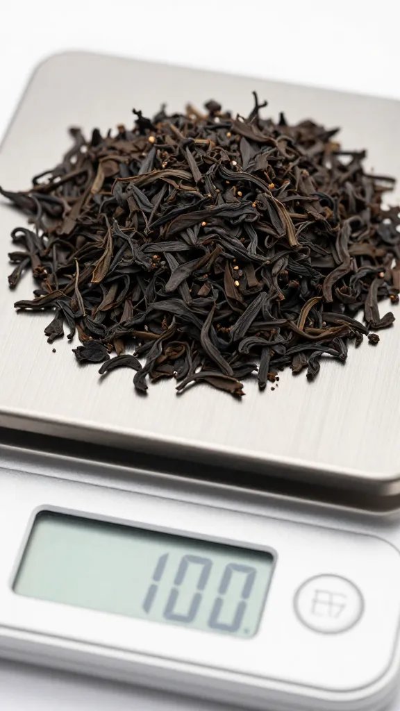 digital kitchen scale weighing loose black tea leaves, closeup
