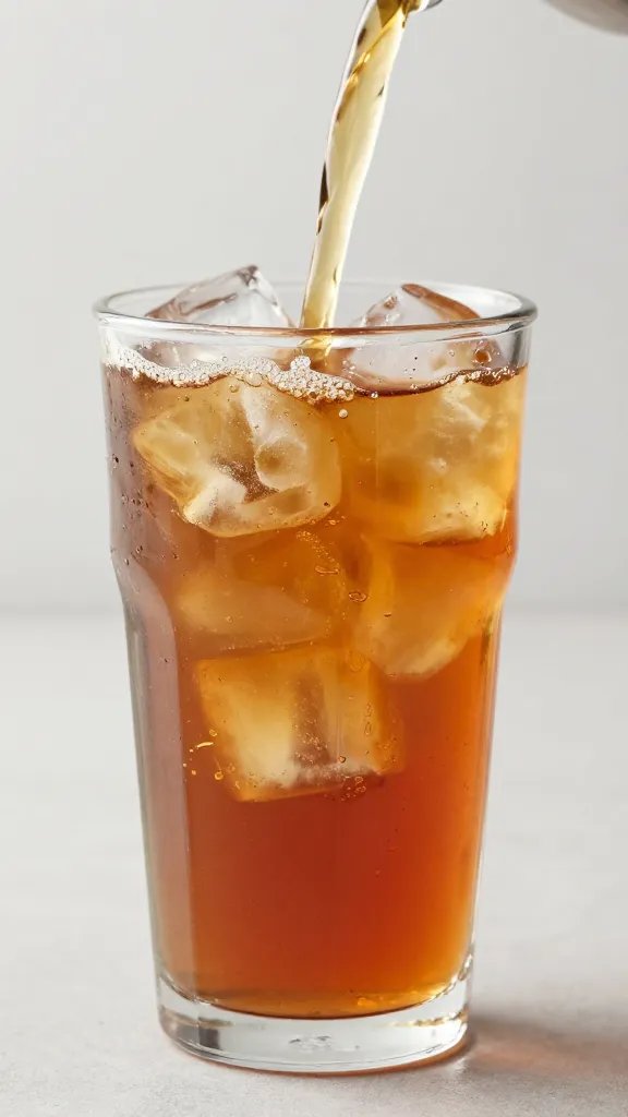 ice-filled clear tumbler topped with strong iced tea pour