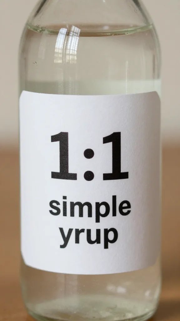 white sugar syrup bottle labeled “1:1 simple syrup,” closeup