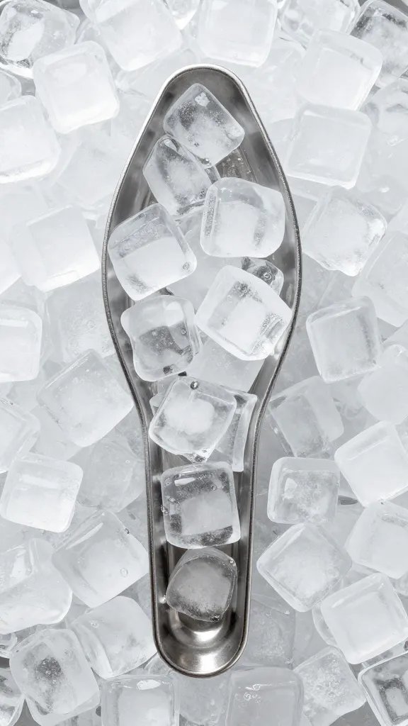 oversized food-service ice scoop filled with clear ice cubes