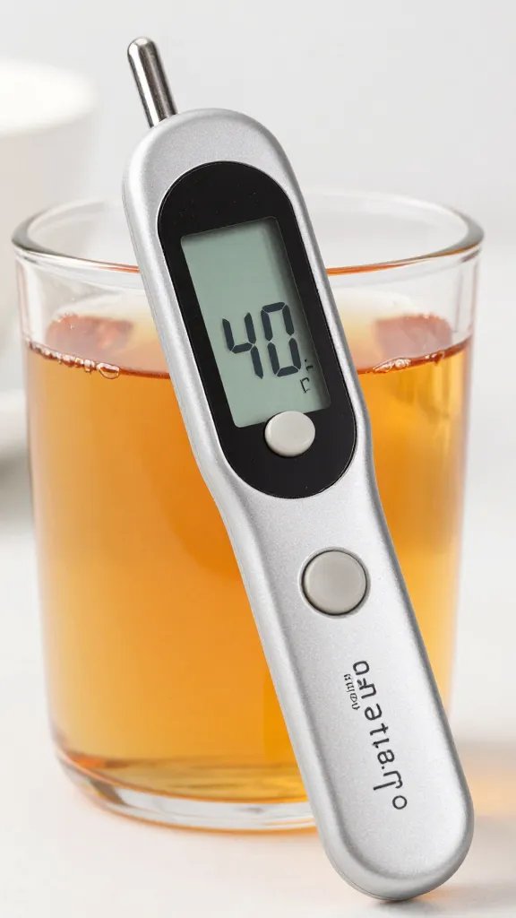 instant-read thermometer in cooling tea concentrate, 40°F display