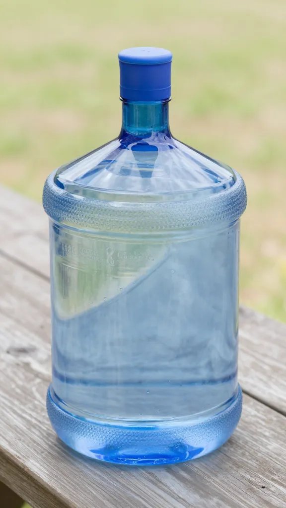 closeup of a single gallon water jug on picnic table