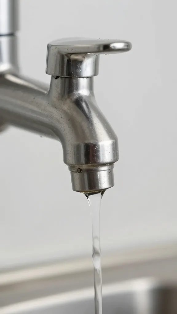 stainless steel water dispenser spigot dripping, macro shot