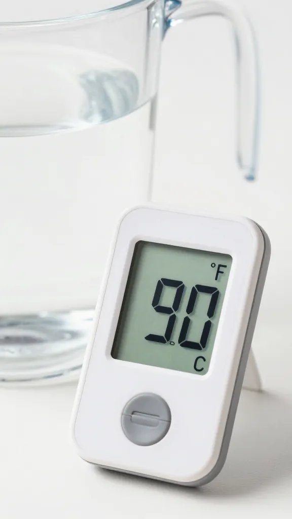 digital thermometer reading 90°F beside water jug, closeup