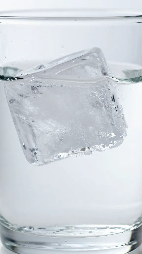 large ice cube melting in clear water glass, macro
