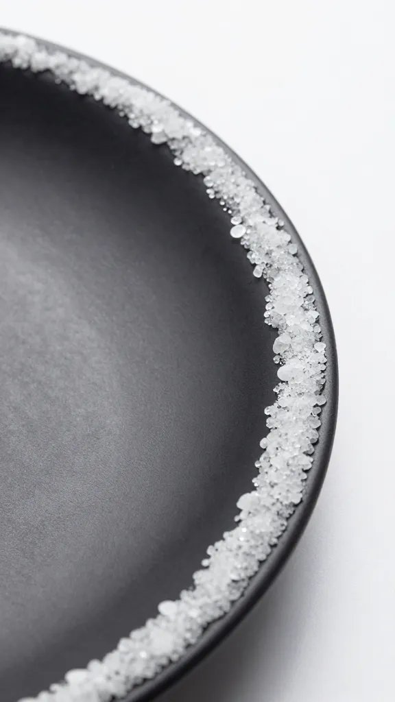 salt-rimmed barbecue plate edge with water glass, closeup