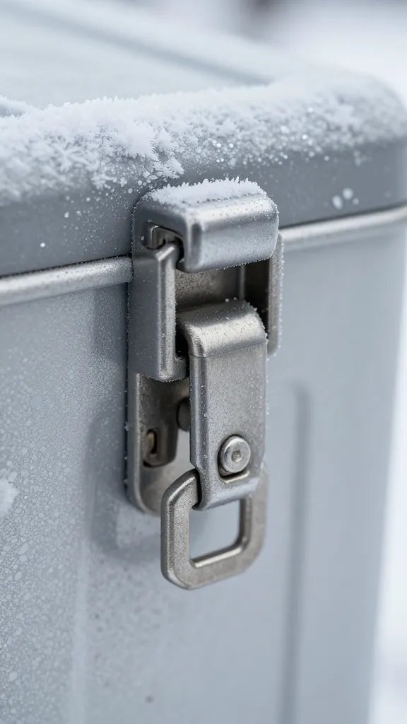 metal cooler latch with frost crystals, macro
