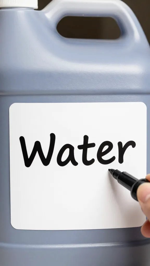 black permanent marker writing “Water” on jug label, closeup