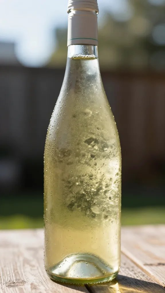 chilled sauvignon blanc bottle with condensation, backyard sunlight