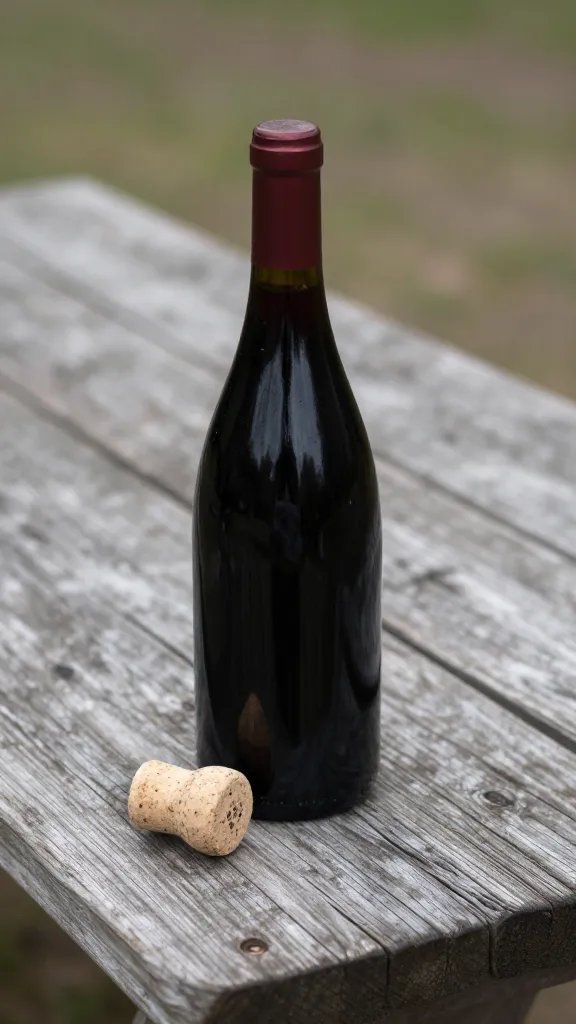 uncorked pinot noir bottle on rustic picnic table