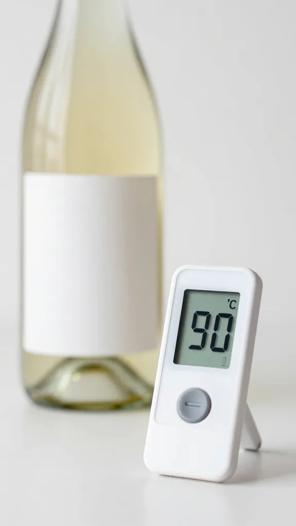 digital thermometer reading 50°F beside white wine bottle