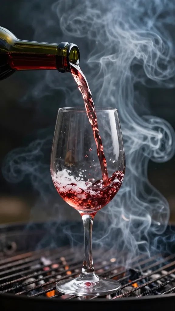 wine pour into single clear glass, barbecue smoke backdrop