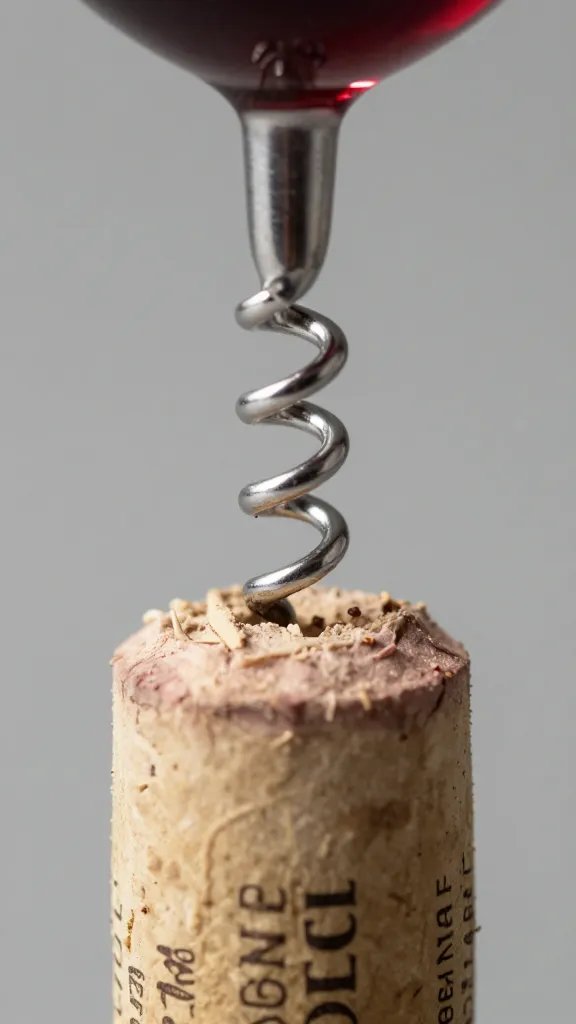 corkscrew inserted into red wine cork, macro shot