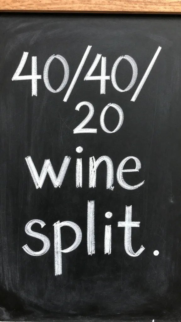 chalkboard sign reading “40/40/20 wine split,” closeup