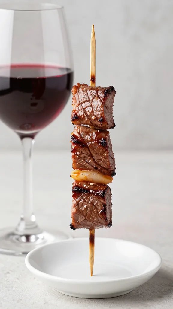 single steak skewer beside merlot glass, shallow depth