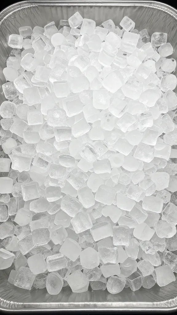 large aluminum pan heaped with ice cubes