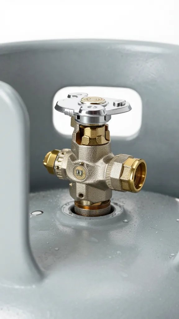closeup 20-lb propane tank valve with safety cap