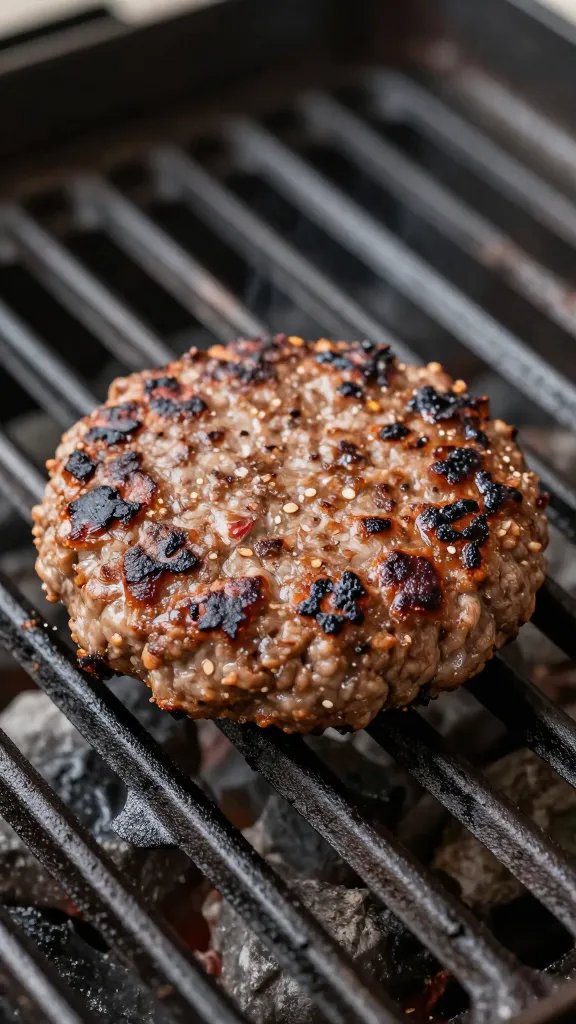 single marinated burger patty on hot grill grate