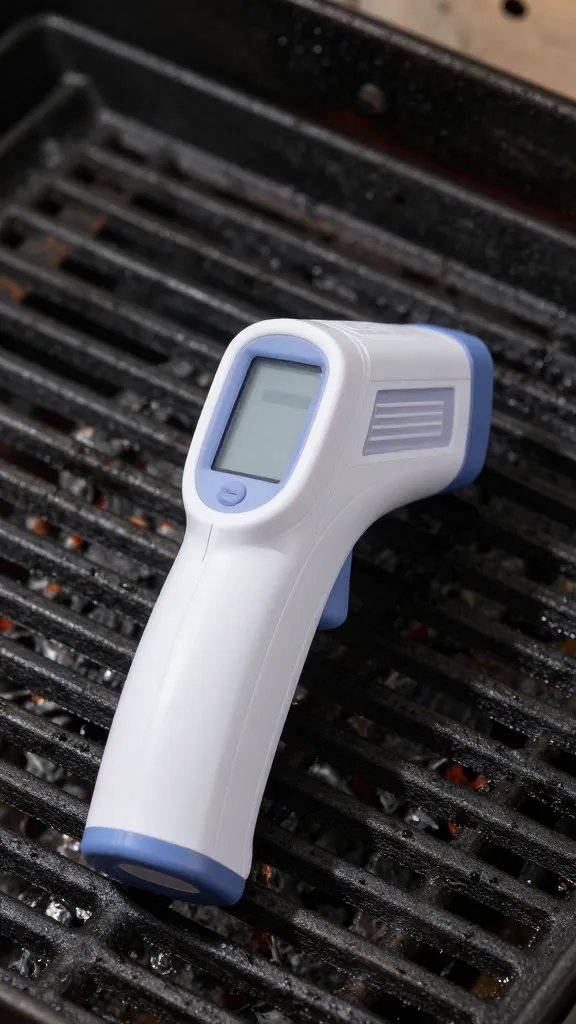 infrared thermometer aimed at grill grate surface