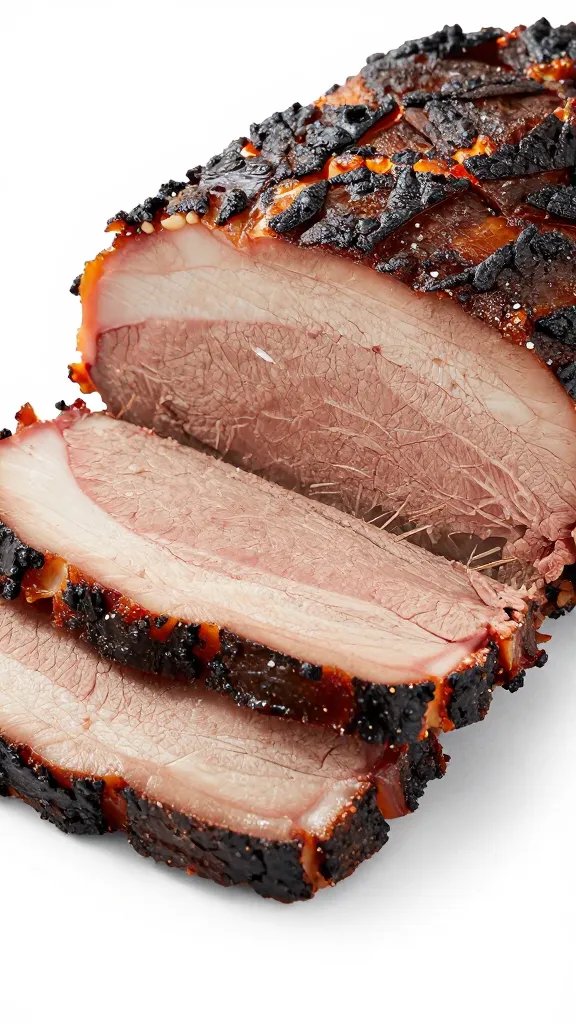 closeup of sliced smoked brisket end with bark