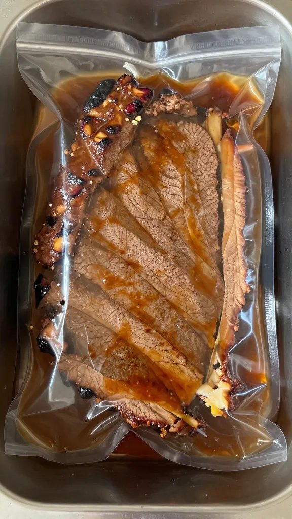vacuum-sealed brisket in au jus, sous vide bath