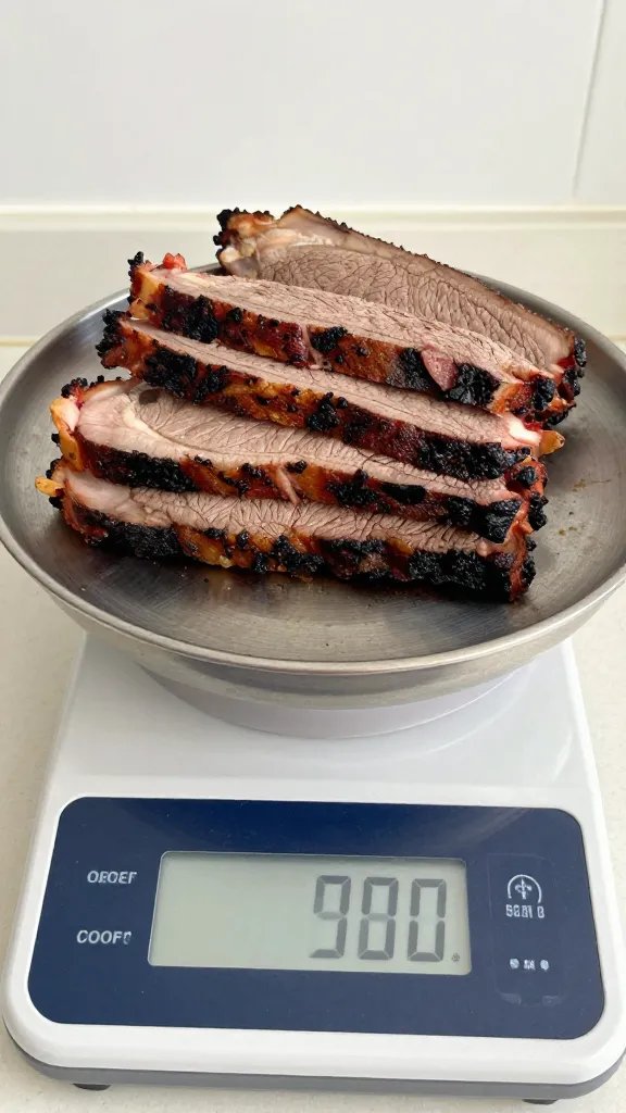kitchen scale weighing cooked brisket slices