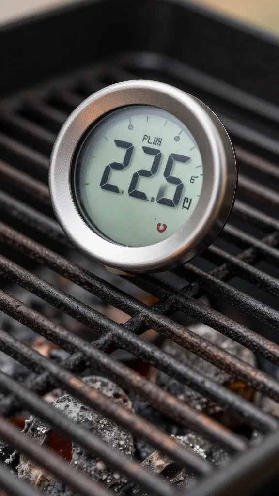 digital grill thermometer reading 225°F on grate surface