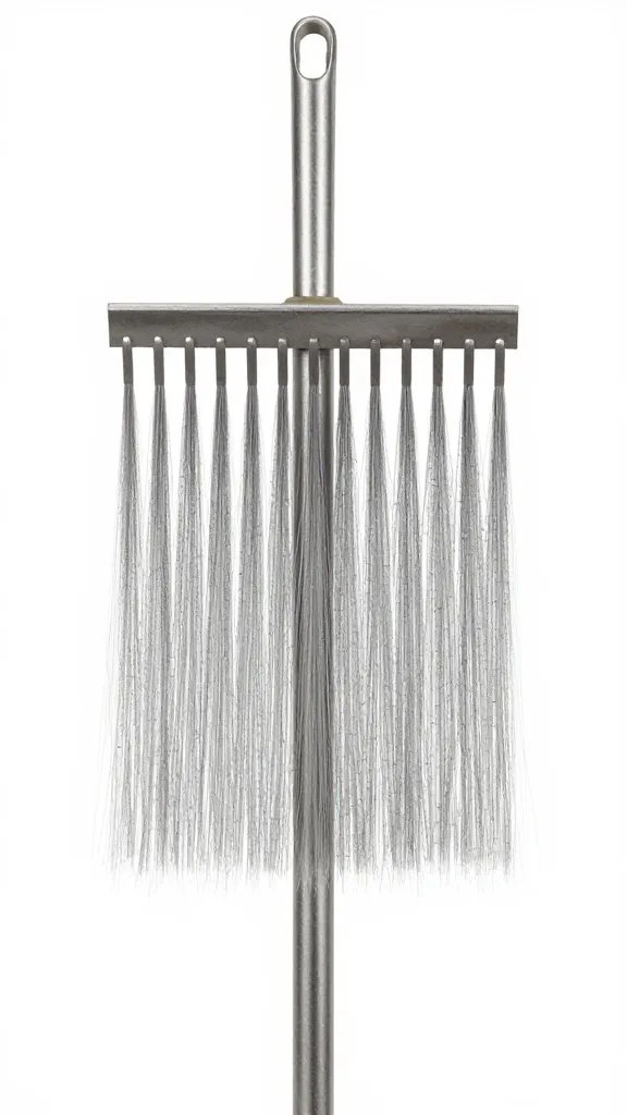 metal ash rake with fine gray ash dusting